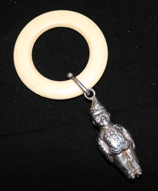 A 1950s silver figural babys rattle, W.H. Collins & Co, Chester, 1954, 2in.